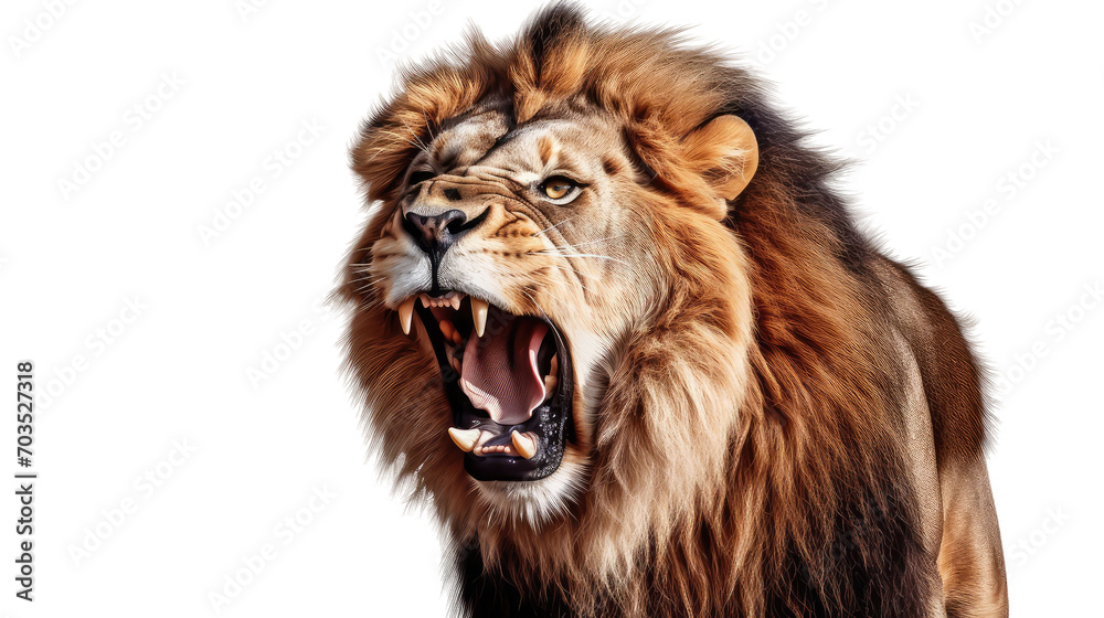 Portrait of a roaring lion with an aggressive look, isolated a transparent background