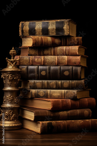 A stack of antique, leather-bound books with intricate designs alongside a decorative, bronze candle holder, evoking a sense of history and elegance.