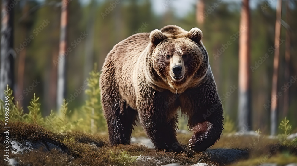 Brown bear in nature in the taiga