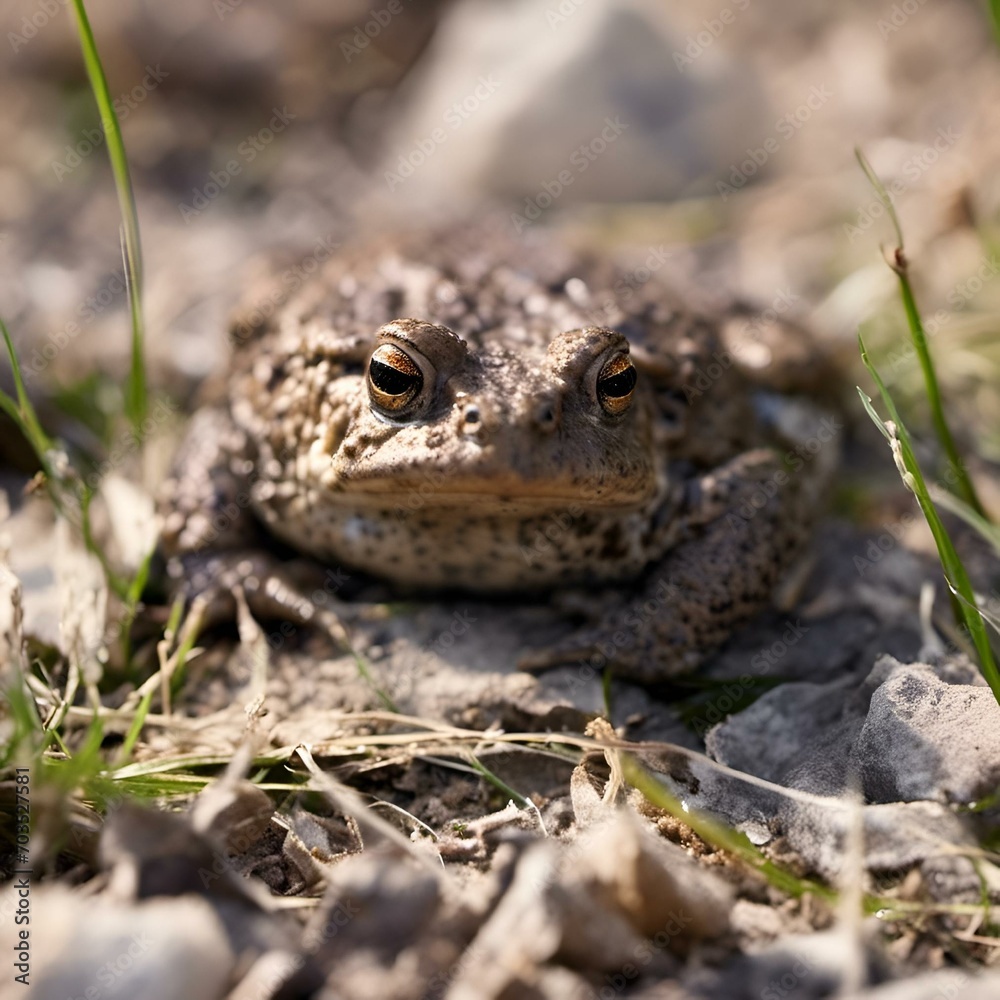 AI generated illustration of a close-up of a European bufo toad perched on a rock and grassy area AI generated illustration of a close-up of a European bufo toad perched on a rock and grassy area