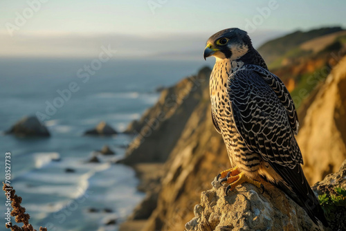A Peregrine Falcon perched on a coastal cliff, overlooking the vast expanse of the ocean