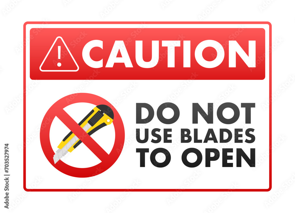 Vector illustration of a caution sign with a message not to use blades to open boxes, ideal for safety signage in warehouses and shipping areas.