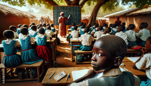 An African student sitting at the back of the class looking back at the camera. Due to lack of resources the classroom is outdoors under a tree.