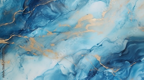 Blue Watercolor background with gold thin lines, and marble texture. Pastel colours, brush stains.