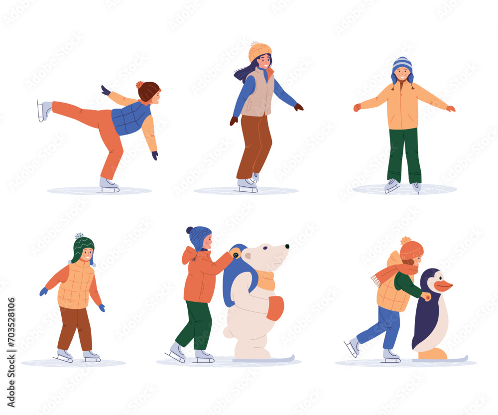 Set of Kids ice skating, winter sport activity, flat vector illustration isolated on white background. Boys and girls in warm clothes on holiday, weekend on ice rink, winter vacation, outdoor activity