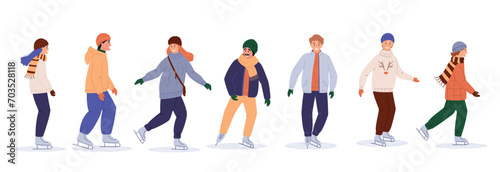 Set of people ice skating, winter sport activity, flat vector illustration isolated on white. Young men and women in warm clothes on holiday, weekend on ice rink, winter vacation, outdoor activity