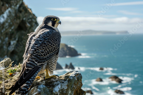 A Peregrine Falcon perched on a coastal cliff, overlooking the vast expanse of the ocean