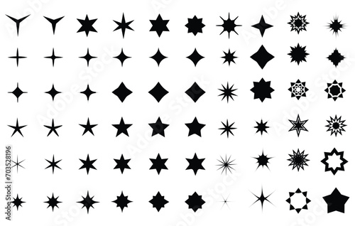 Twinkling stars. Sparkle star icons. Minimalist silhouette stars icon  twinkle star shape symbols. Modern geometric elements  shining star icons  abstract sparkle black silhouettes symbol vector set