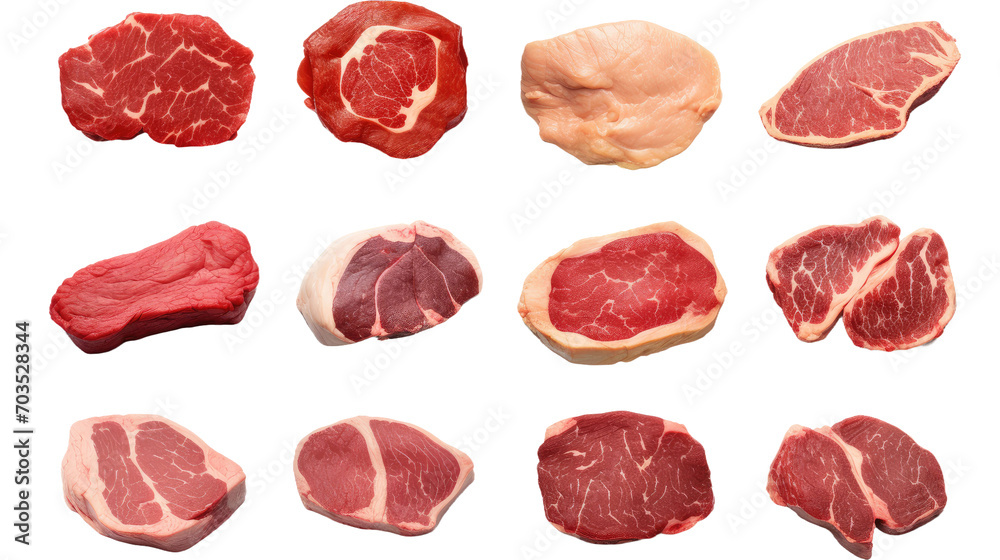 Set of different raw steaks, top view, isolated a transparent background Set of different raw steaks, top view, isolated a transparent background