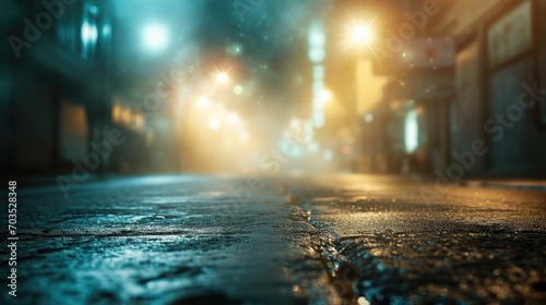 Night city street with lights and fog. Blurred background. Selective focus