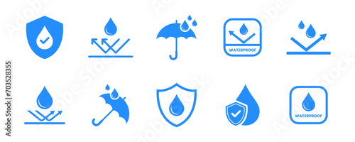 Waterproof icon set. Waterproof sign collection. Water resistant symbol. Water protection icon with a shield. Packaging symbols. Vector illustration. photo