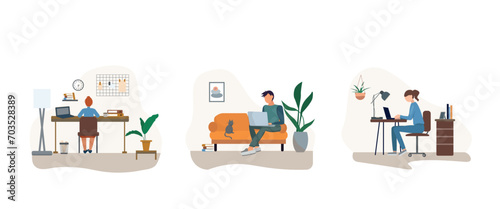 Working at home, concept illustration. Young people, men and women freelancers working on laptops and computers at home. Vector flat style