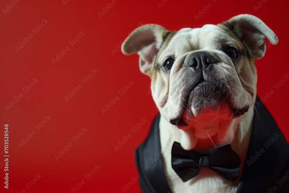 English bulldog in a tuxedo on a red background