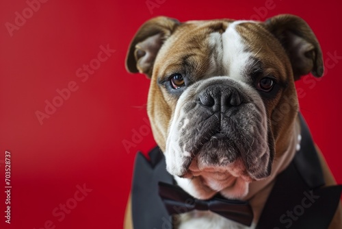 English bulldog in a tuxedo on a red background © DK_2020