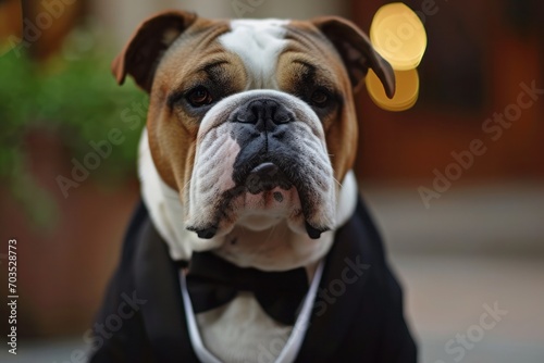 Close-up of English bulldog in a tuxedo on a red background photo