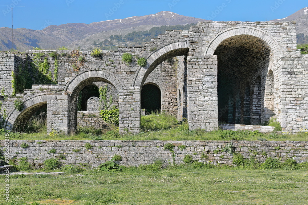 Stepped arcade remains, part of the AD 1812 reconstructions by Ali Pasha Tepelene, upper-central courtyard of the citadel. Gjirokaster-Albania-205+