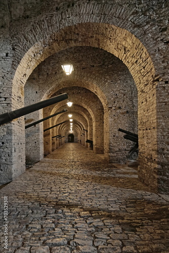 Vaulted artillery gallery made of stone block masonry, local fortress dating from the XII century rebuilt in AD 1812. Gjirokaster-Albania-198+
