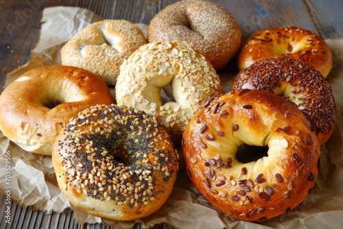 Close-up of various fresh delicious bagels