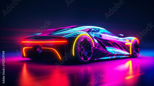 A sports car on a neon, nighttime track. AI Generated