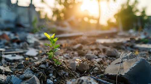 A resilient small green plant with fresh leaves sprouting from a pile of gray rubble, symbolizing hope and the power of nature amidst destruction. photo