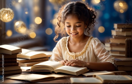 beautiful little girl smiling on a blue background, reading a book. school, back to school, copy space