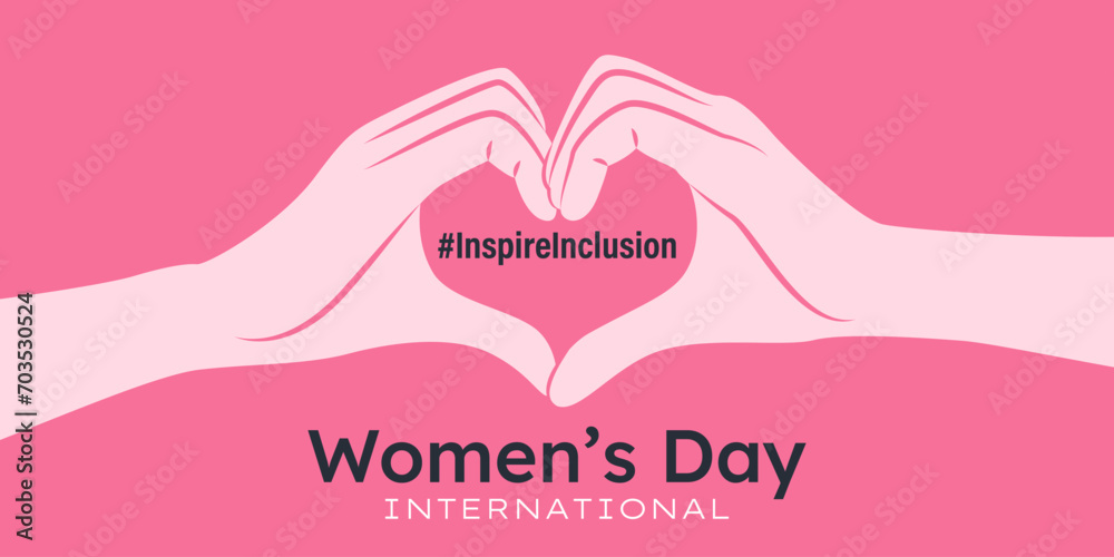 Inspireinclusion. 2024 International Women's Day horizontal banner. Female hands showing sign of heart on pink background. Design for poster, campaign, social media post. Vector illustration.