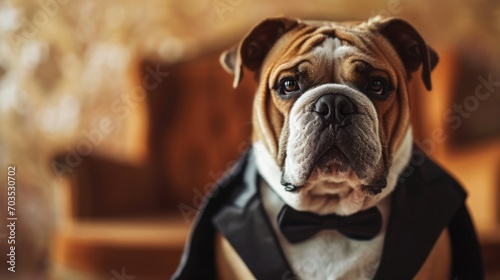 Close-up of English bulldog in a tuxedo on a red background photo