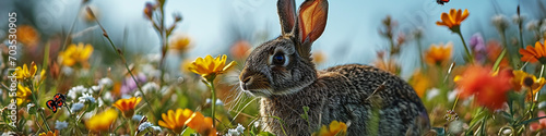 Osterhase im Feld mit Blumen und Schmetterlingen, Panoramabanner.  photo