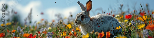 Osterhase im Feld mit Blumen und Schmetterlingen, Panoramabanner.  photo