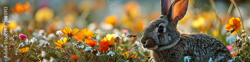 Osterhase im Feld mit Blumen und Schmetterlingen, Panoramabanner.  photo