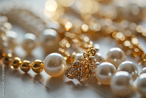 Gold and white pearl jewelry on white