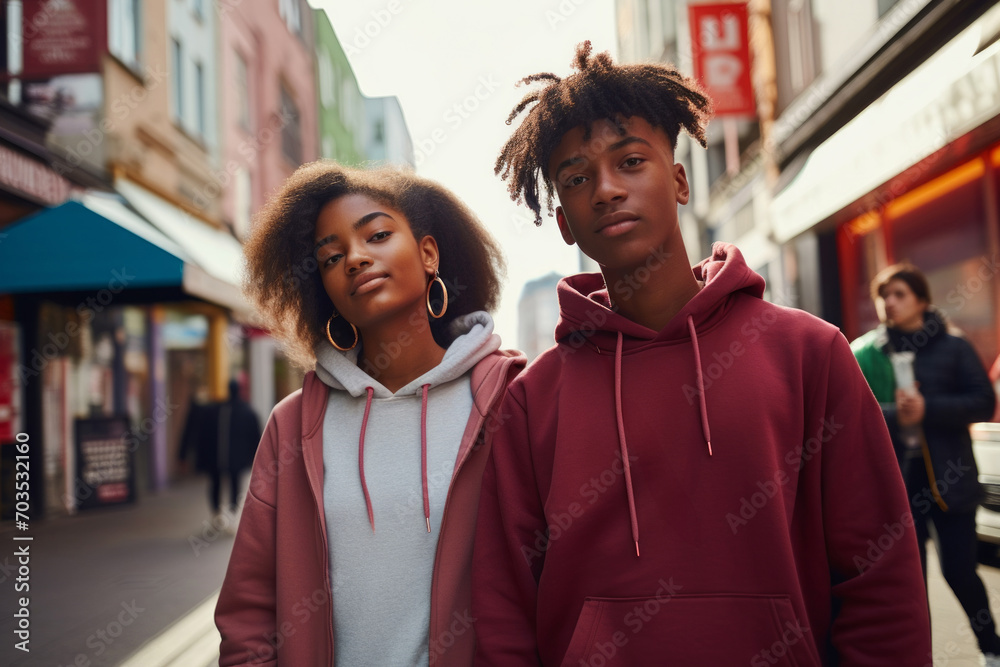 Two Afro - American teenagers in blank hoodies walking in city street. Mock up template for hoodie design print - obrazy, fototapety, plakaty 
