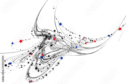 Confetti stars and pencil strokes. The stars fly along the trajectory of the lines. Black, white colors. Festive background. Vector illustration