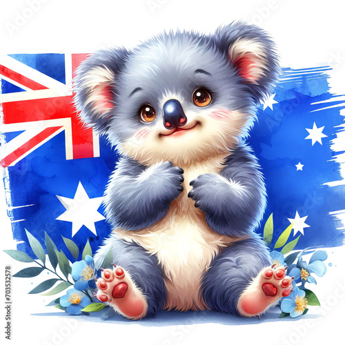 A cute baby koala sitting against the background of an Australian flag, attractive illustration national day of Australia on January 26th photo