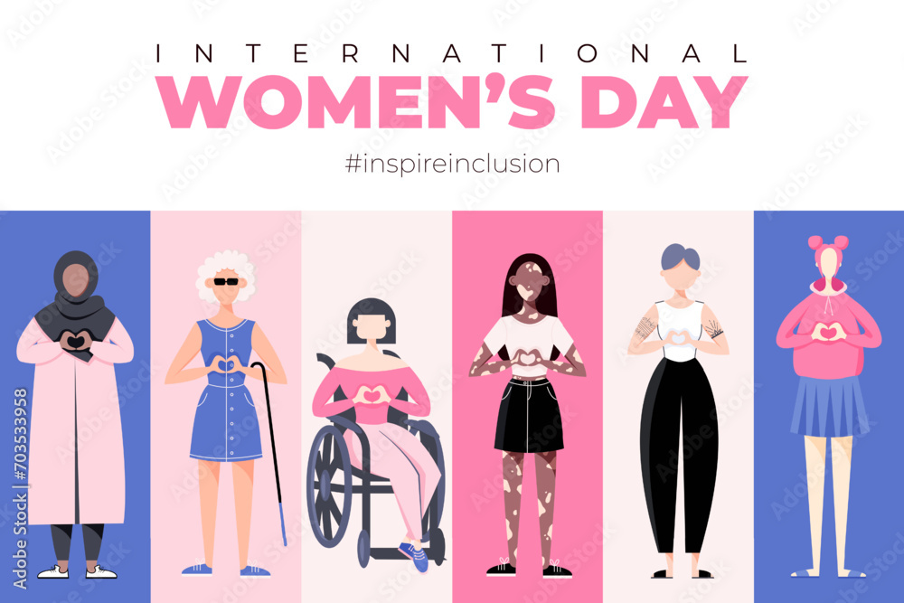 International Women's Day. Inspire inclusion 2024 campaign. Group of women of different ethnicity, age, body type, hair color vector illustration in flat style. International Women's Day. Inspire inclusion 2024 campaign. Group of women of different ethnicity, age, body type, hair color vector illustration in flat style.