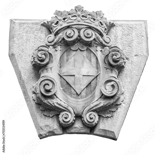 Coat of arms with a cross carved element. Gothic Quarter of Barcelona png photo.