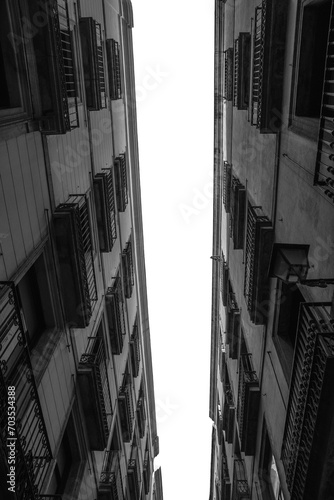 Building on Barcelona street on transparent background. Aerial street view at sunset time in Spain png.