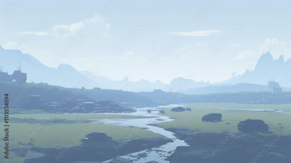 landscape with fog. Digital made background illustration. Generative AI