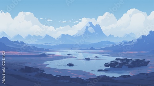 lake and mountains in winter. Digital made background illustration. Generative AI