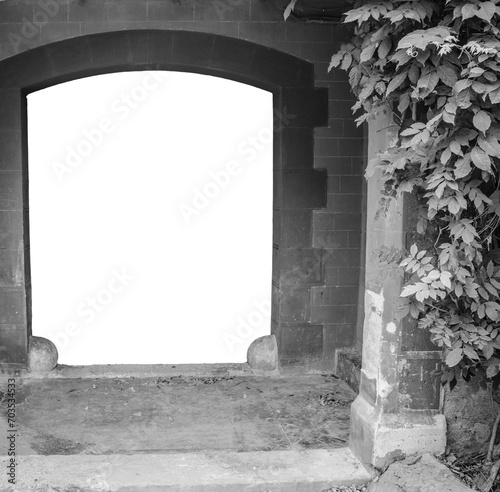 Backyard doorway in a stone wall on transparent png. Typical architecture of Europe.