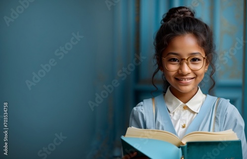 beautiful little girl smiling on a blue background, reading a book. school, back to school, copy space