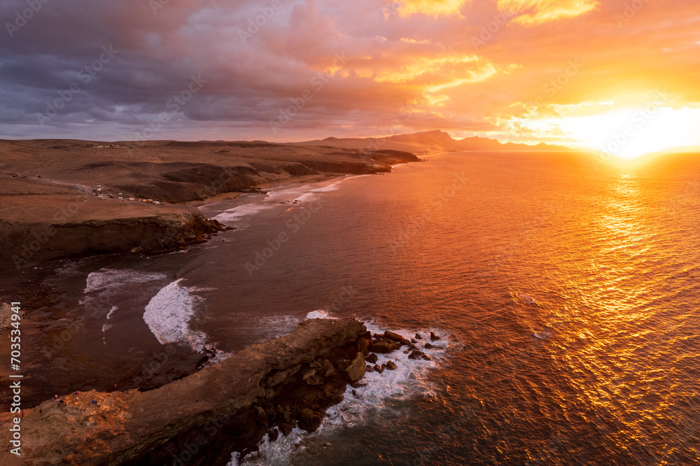 Aerial view of sunset in Fuerteventura coast in La Pared