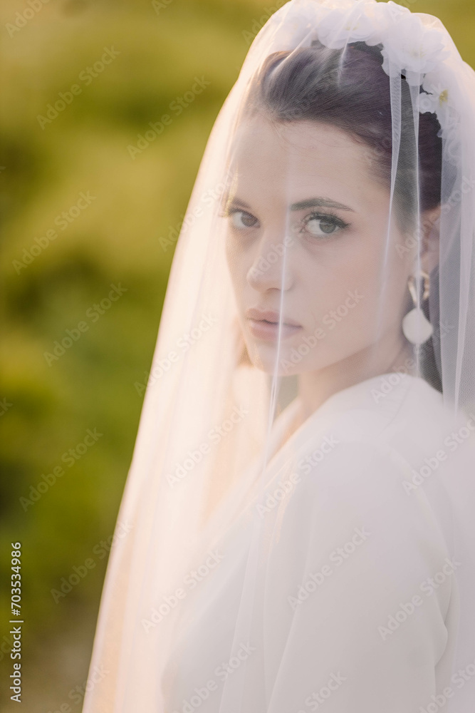 beautiful bride of model appearance in a veil looks. Graceful woman bride beautiful bride of model appearance in a veil looks. Graceful woman bride