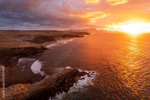 Aerial view of sunset in Fuerteventura coast in La Pared