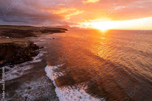 Aerial view of sunset in Fuerteventura coast in La Pared