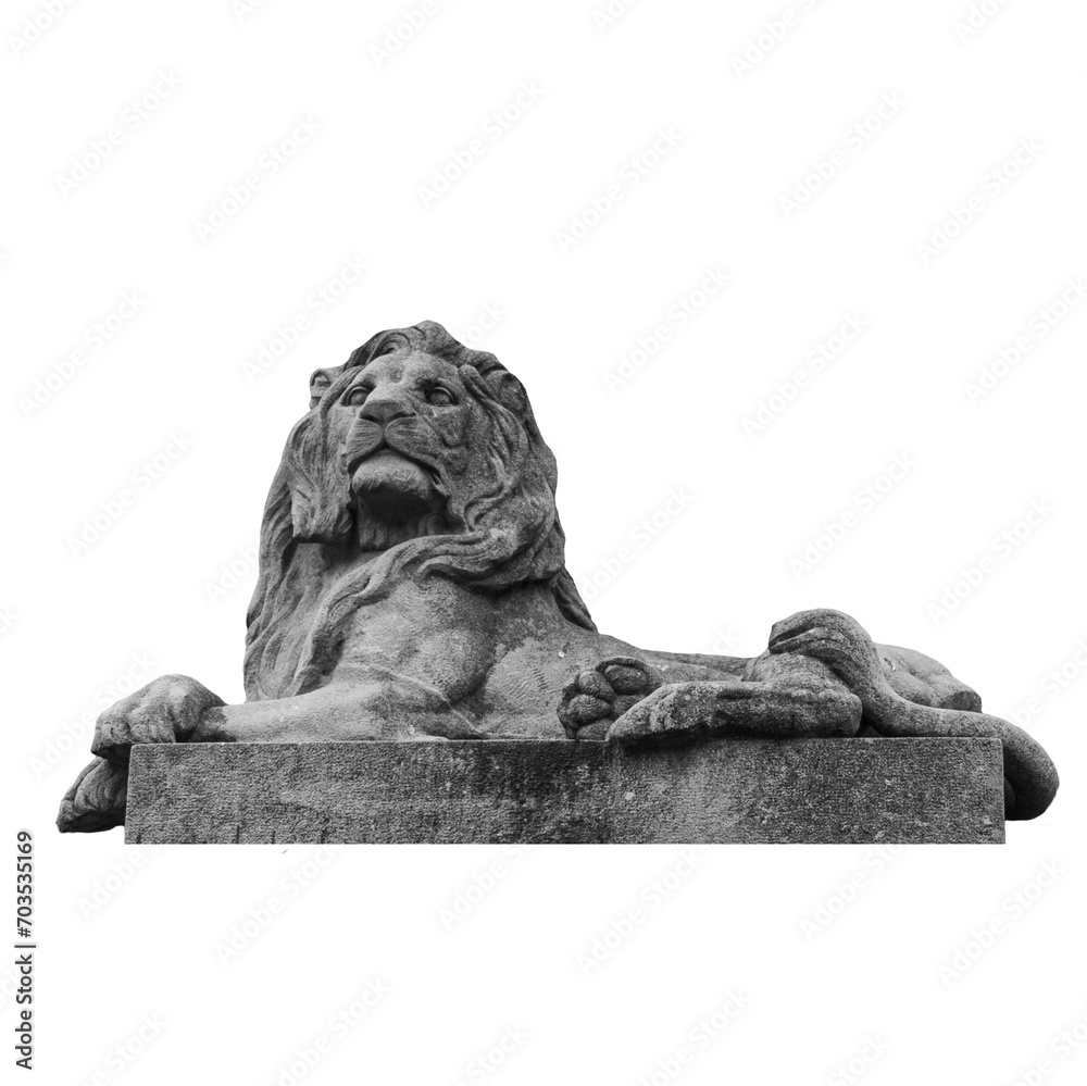 Figure relief stone lion on white background. Street scene, public park. Figure relief stone lion on white background. Street scene, public park.