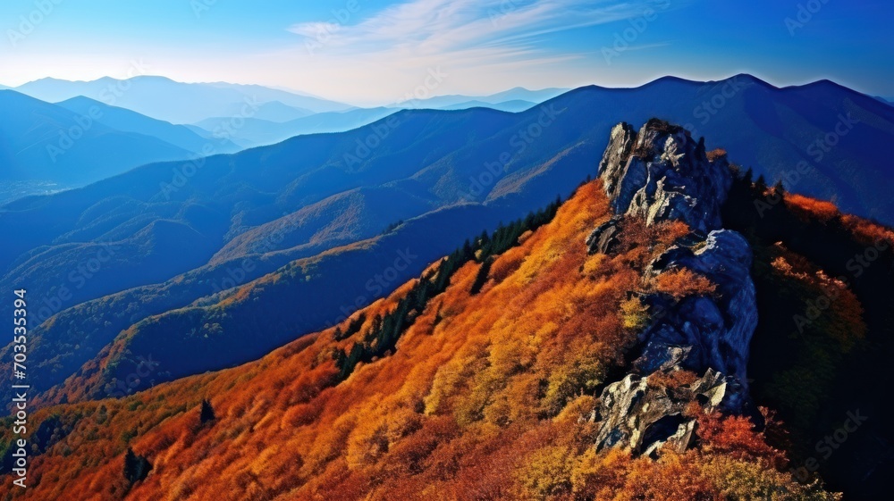 autumn landscape in mountains. Drone view of autumn trees. Generative AI