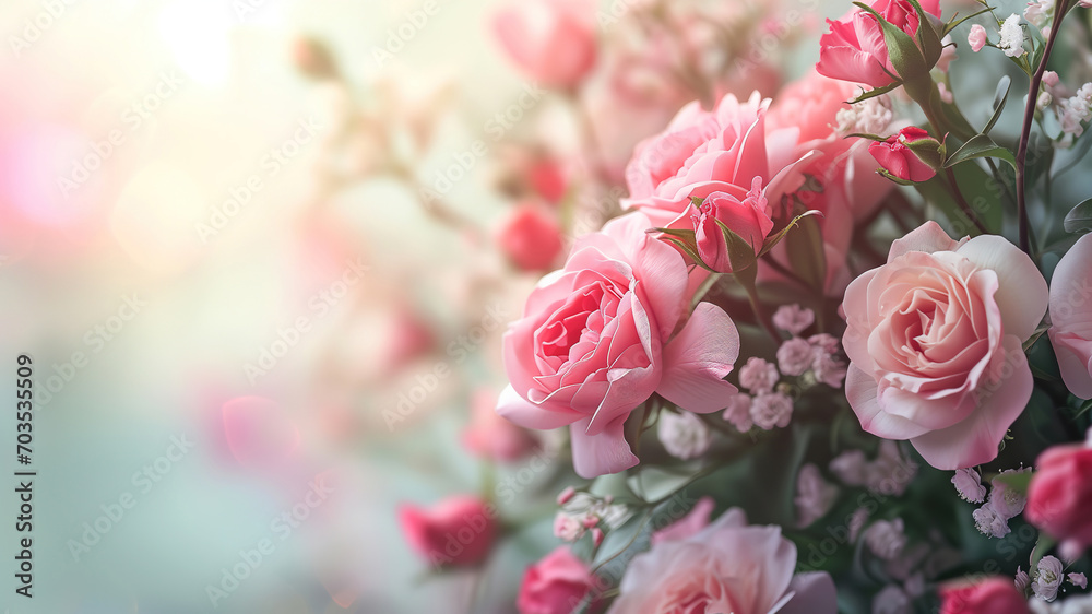 Pink roses background, many light pink flowers on a blurred background. - obrazy, fototapety, plakaty 
