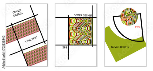 Geometric cover design, set of 3 covers. Abstract unusual background in Memphis style. Bright geometric shapes in random order