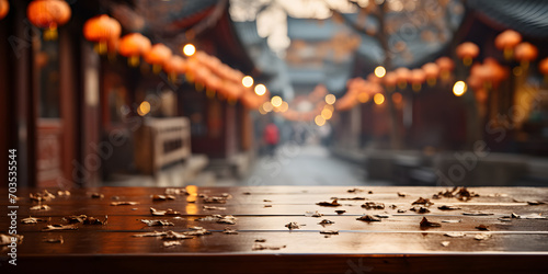 Empty Wooden Table with Blurred Ancient Chinese Town Background  Decorated with Hanging Lanterns